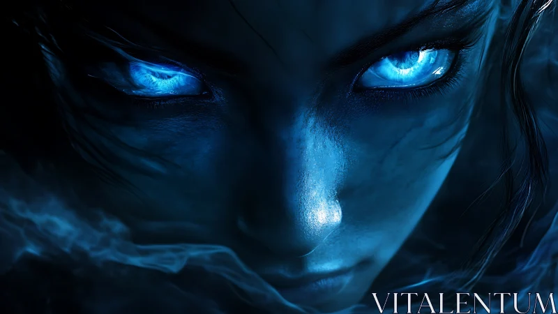 Close frontal view shows blue illuminated eyes in darkness