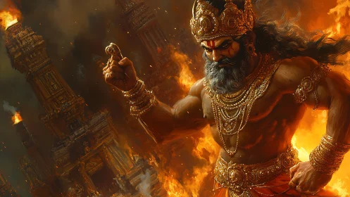 Warrior demigod strides through burning temple cityscape