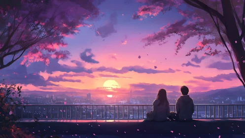 Sunset lovers share a quiet city overlook beneath pink clouds
