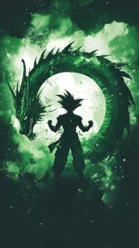 Silhouetted warrior with celestial dragon in emerald void.