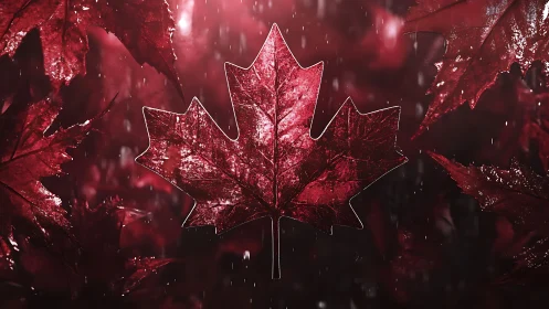 Glowing red maple leaf silhouette dominates wet dark backdrop