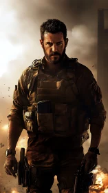 Grim dusk soldier strides through shrapnel and smokefire.