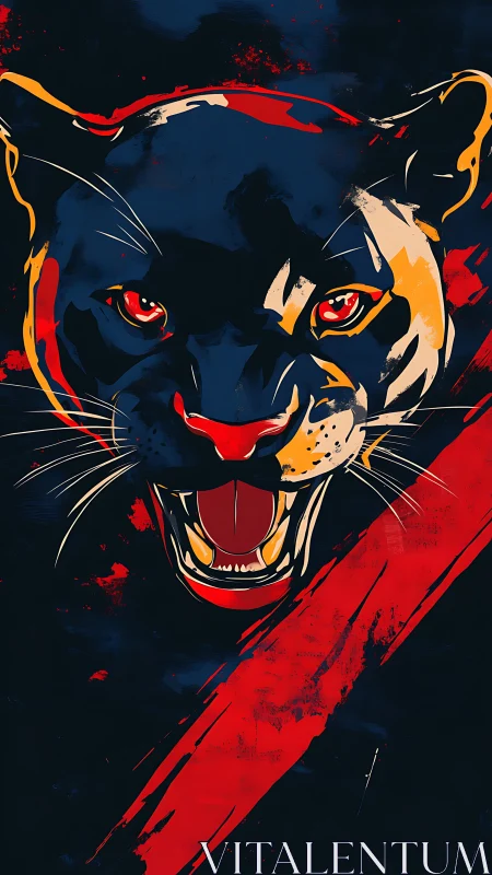 Aggressive Feline Head with Intense Eyes in Bold Color Block Style