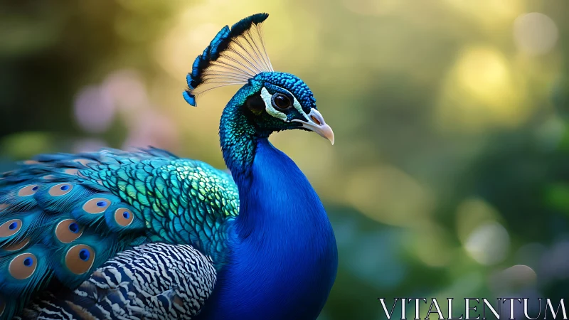 Vibrant blue peacock portrait with detailed feathers in soft focus.