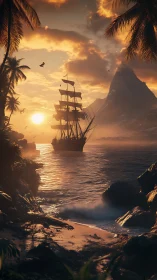 Pirate Ship at Golden Sunset in Tropical Bay