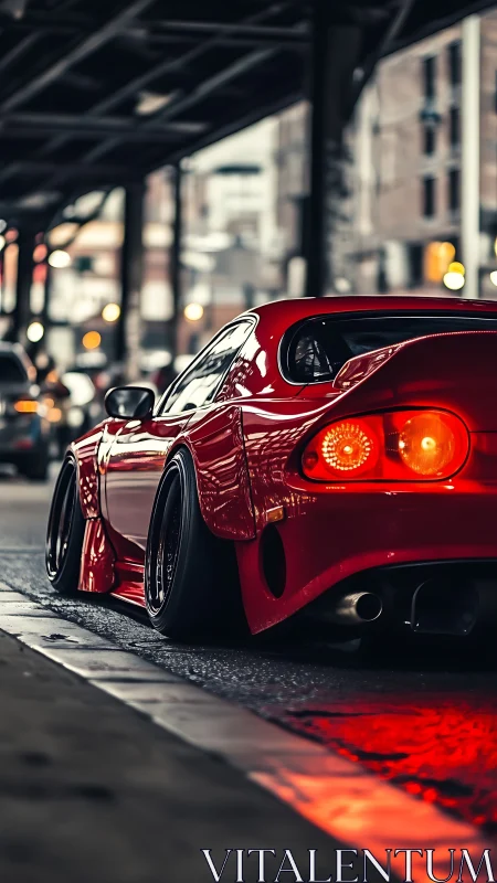 Low-slung red tuner car under moody urban overpass at dusk.