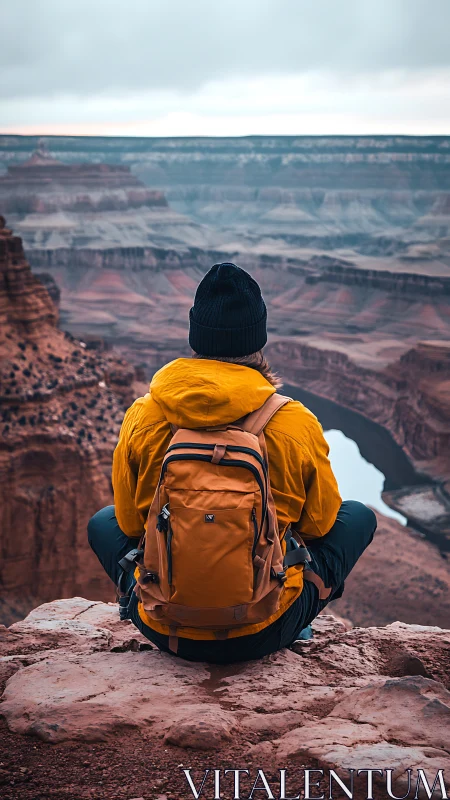 Solo hiker overlooks vast canyon under moody sky.