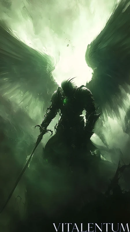 Shadowforged angel carves emerald fire through the gloom