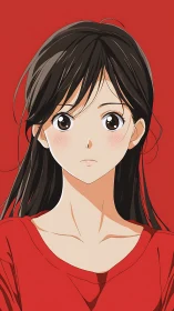 Centered anime portrait of brown‑haired girl on red field
