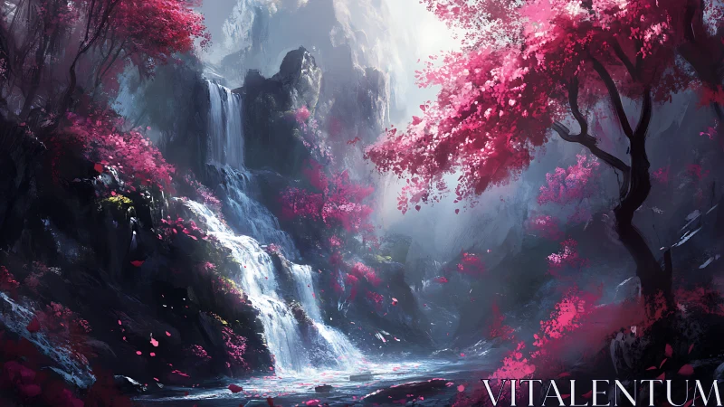 Waterfall valley framed by vivid pink blossom forest