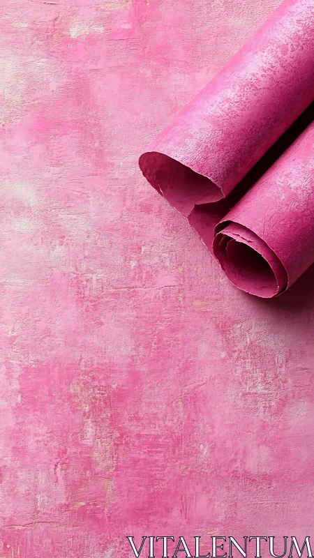 Pink textured background with rolled paper on right side.