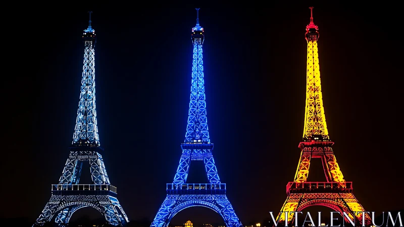Eiffel Tower structure rendered in triplicate colored illumination
