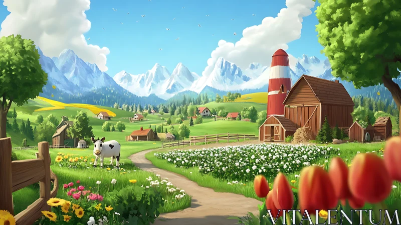 Sunny mountain farm glows with flowers, fields and red barns