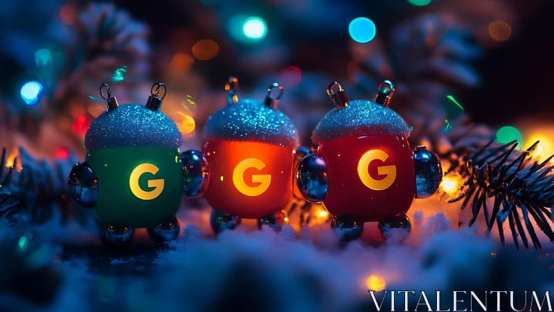 Triad of glowing G-bot ornaments in snowy bokeh lights