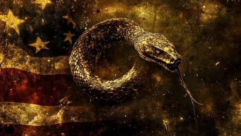 Coiled serpent ouroboros over distressed American flag field