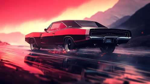 Muscle car accelerates through neon-lit wet highway environment