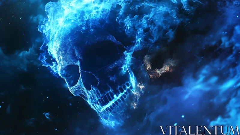 Flaming blue skull forms through swirling cosmic smoke.
