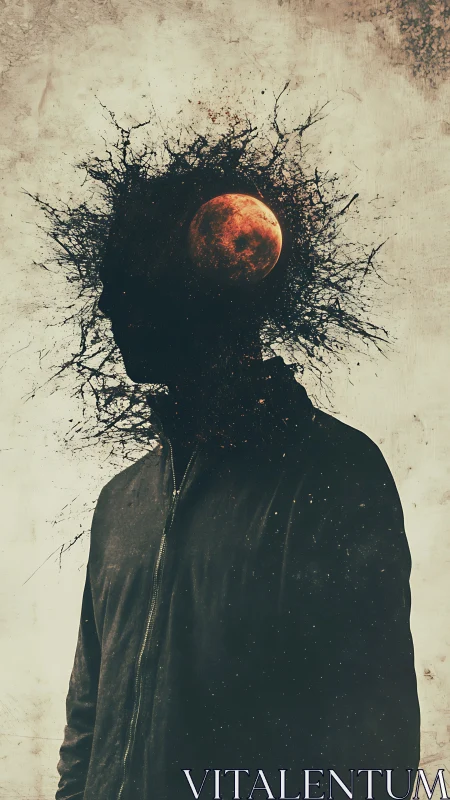 Silhouetted figure holds a burning moon within a fractured mind