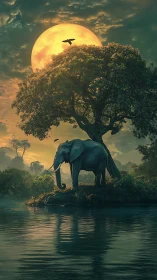 Elephant below moonlit tree beside tranquil reflective river.