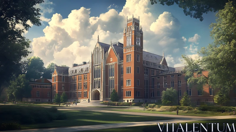 Sunlit neo-Gothic campus hall under towering summer clouds.