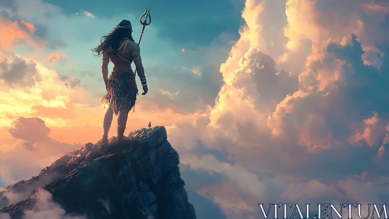 Storm bearer surveys a cloud crowned summit at daybreak.