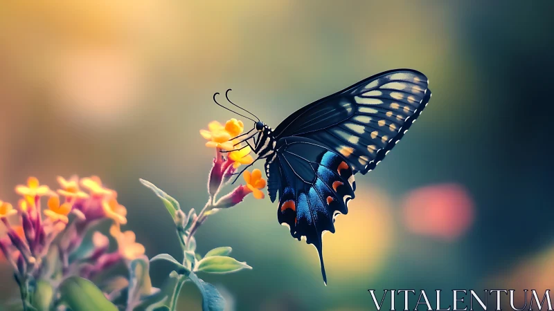 Butterfly pause among softly glowing garden blossoms.