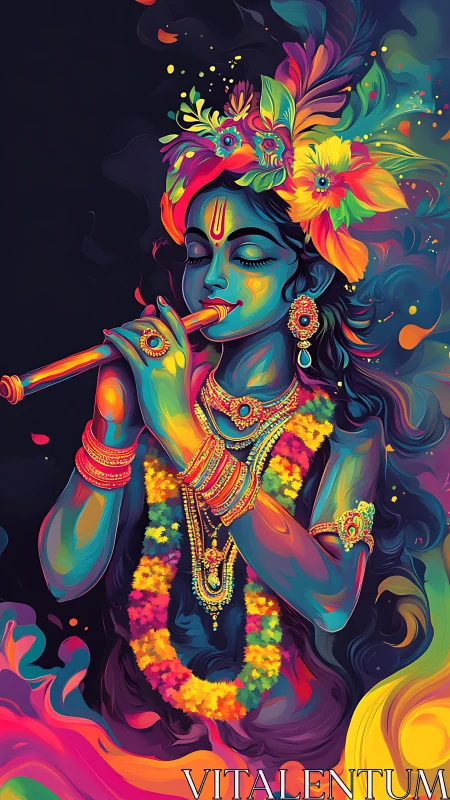 Krishna-inspired neon portrait with flute and floral crown.