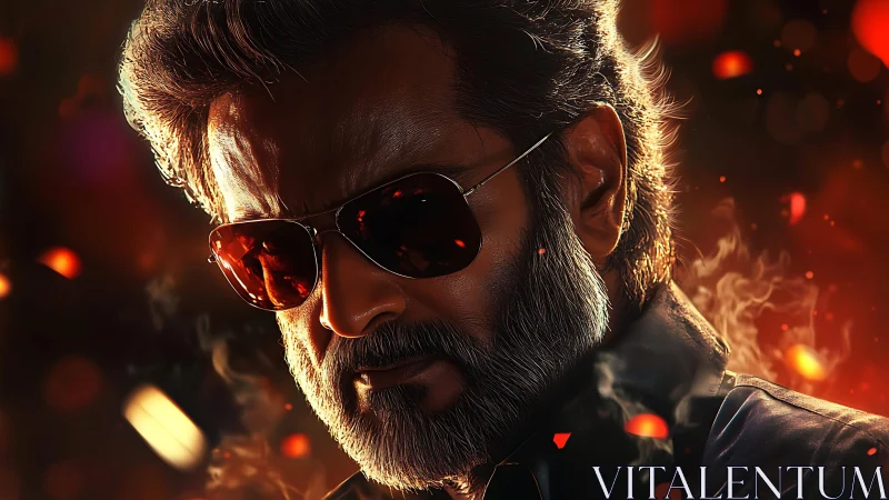 Smoldering silver fox in shades stalks through emberlight storm.