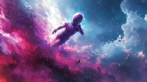 Cosmic diver glides through neon storms between blue clouds