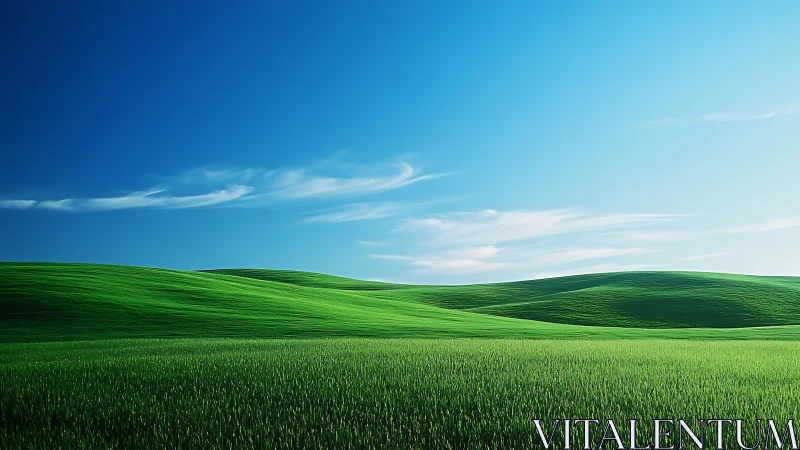 Rolling green hills under clear blue midday sky.