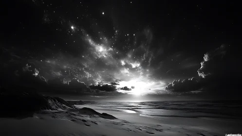 High contrast monochrome seascape under dense stellar sky field