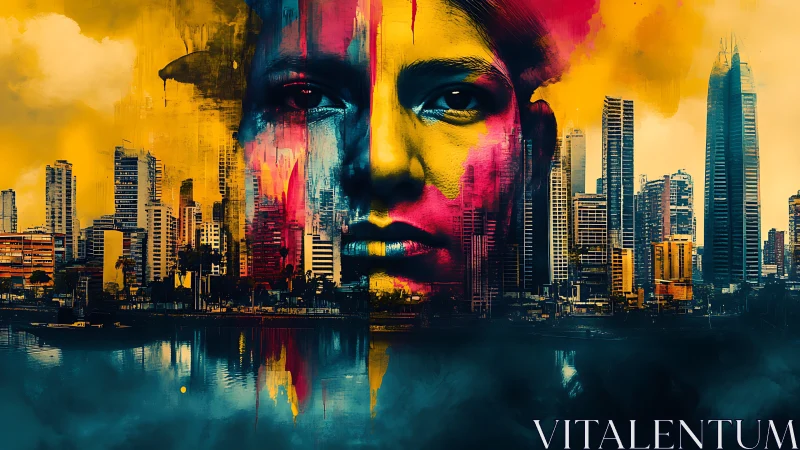 Color-splashed city portrait blending human spirit and skyline.