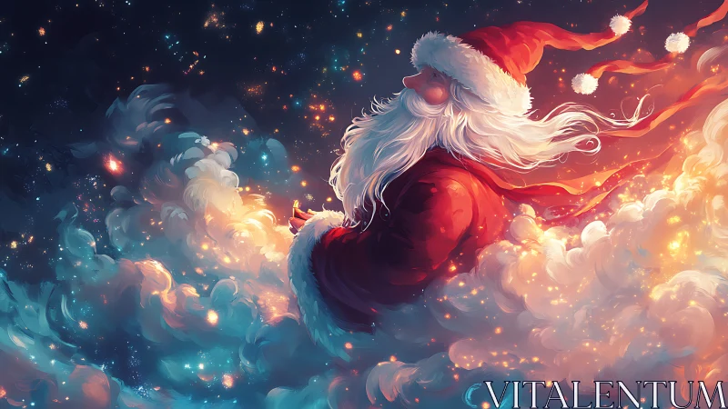 Santa in drifting luminous clouds crosses starry winter sky