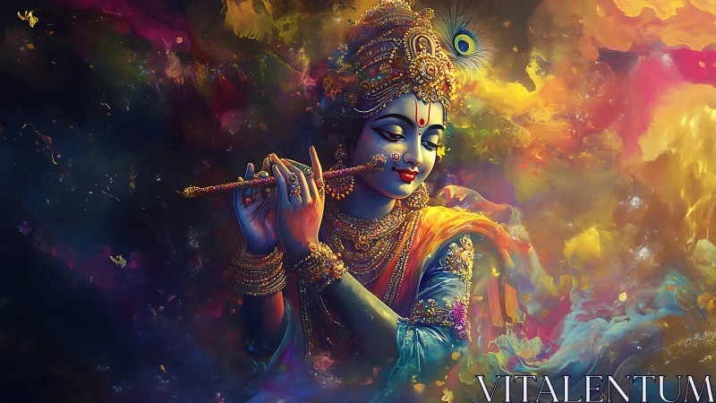 Celestial flute player drifting through swirling cosmic color.