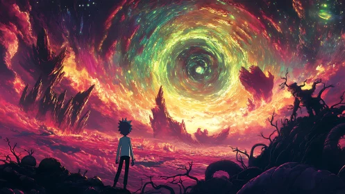 Celestial vortex above alien wasteland with silhouetted observer