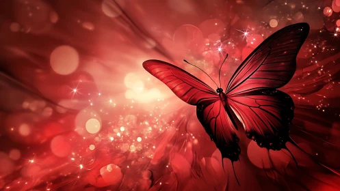 Red butterfly glows against swirling abstract bokeh field