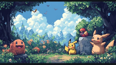 Pokemon Forest Scene with Pikachu, Raichu, and Charmander Gathering