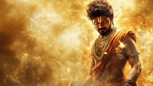 Fierce warrior ascends through blazing golden energy storm