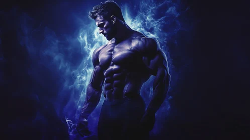 Digital painting of muscular male figure in neon aura lighting.