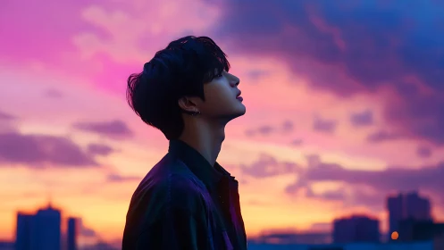 Silhouetted youth in neon twilight city skyline glow.