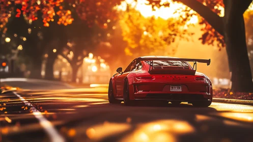 Crimson Porsche 911 GT3 on sunlit autumn boulevard.