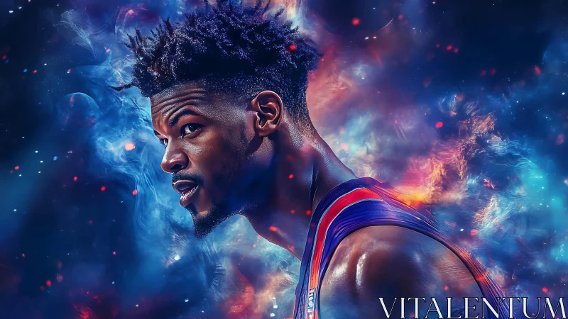 Cosmic court king poised in swirling nebula of game night.