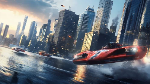 Red hover racers slice sunrise spray beside glass towers