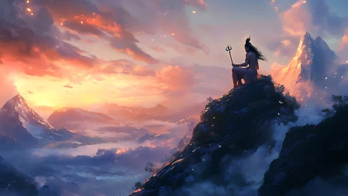 Divine figure with trident overlooks atmospheric mountain sunrise