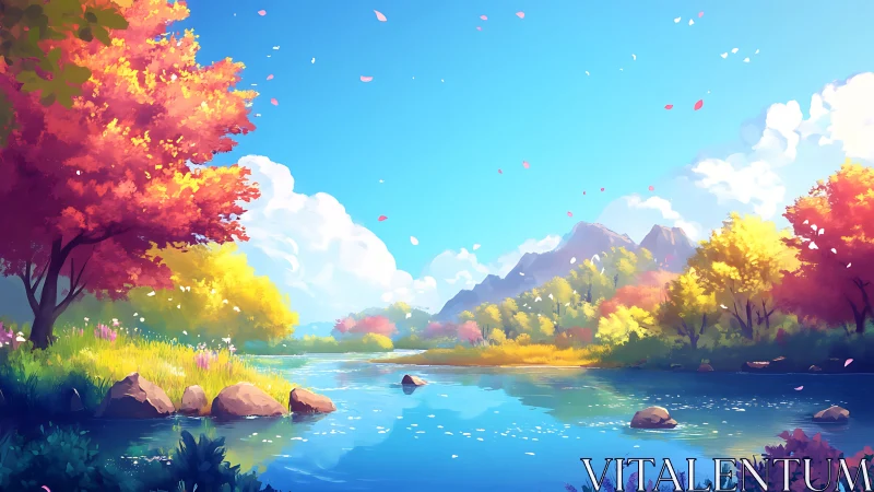 Autumn river dreamscape under cotton clouds and gentle sun.