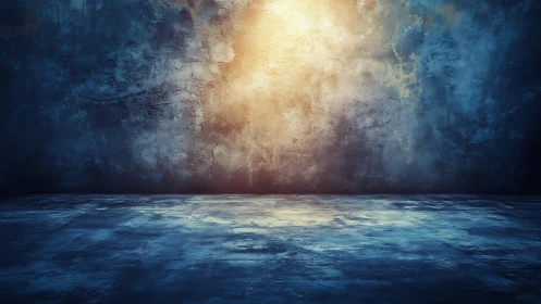 Textured concrete room with central warm light gradient.