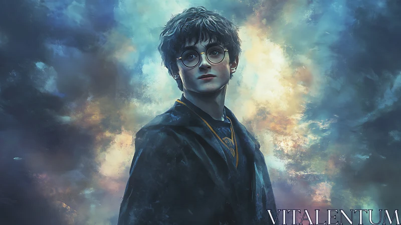 Young wizard gazes upward through swirling aurora clouds