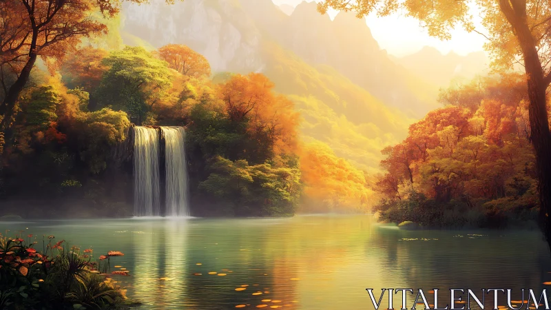 Sunlit autumn waterfall descends into calm forest lake
