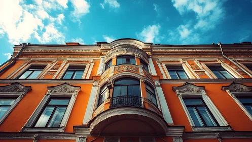 Neoclassical orange facade captured from low symmetrical viewpoint