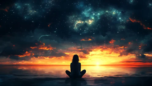 Solitary silhouette watches cosmic sunset over ocean horizon.